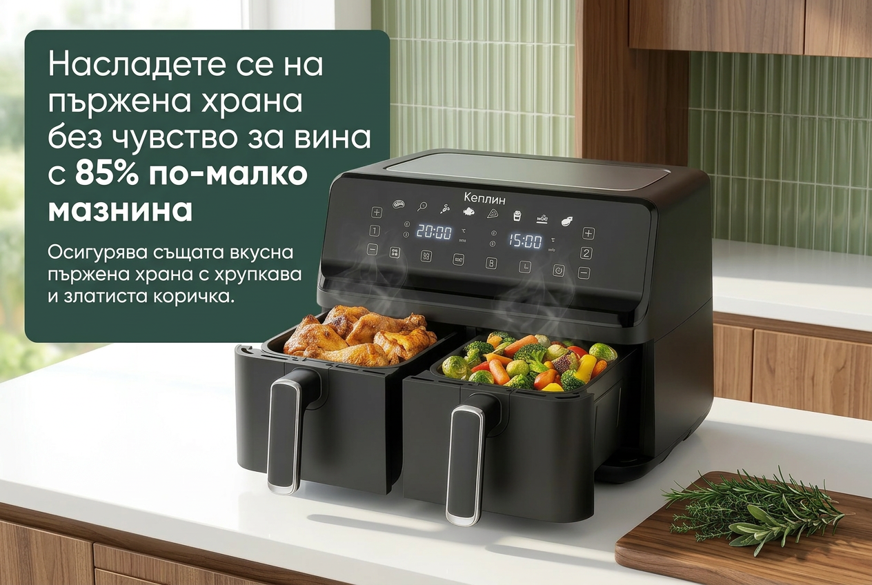 Двузонов фритюрник с горещ въздух Keplin – енергоспестяващ уред за готвене с 6 функции – изключително голям капацитет за здравословни ястия – печене, запичане, сушене, хрупкава коричка – семеен размер (9 / 9,5 л). - Image 4